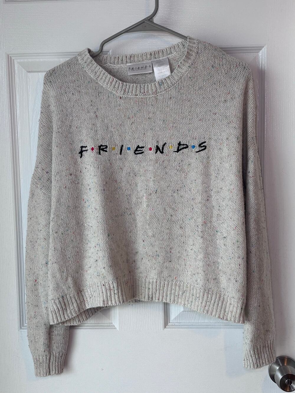 Friends TV Show Logo Confetti Speckled Knit Sweater Cream